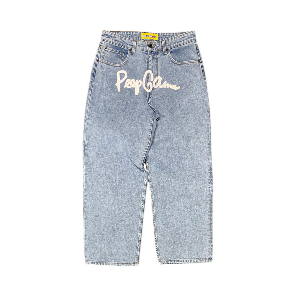 Peep Game Baggy Light Wash Script Logo Denim