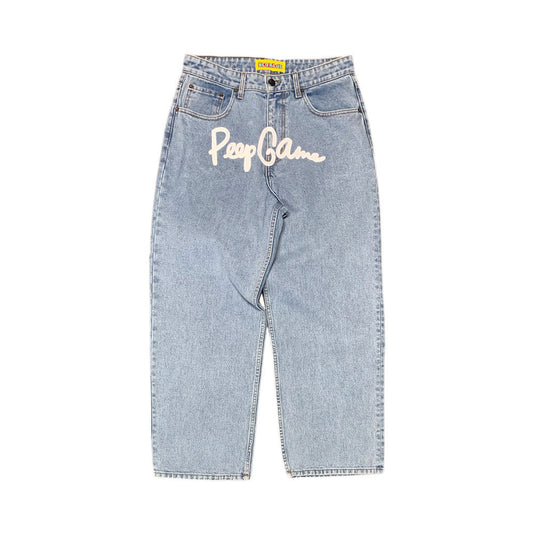 Peep Game Baggy Light Wash Script Logo Denim